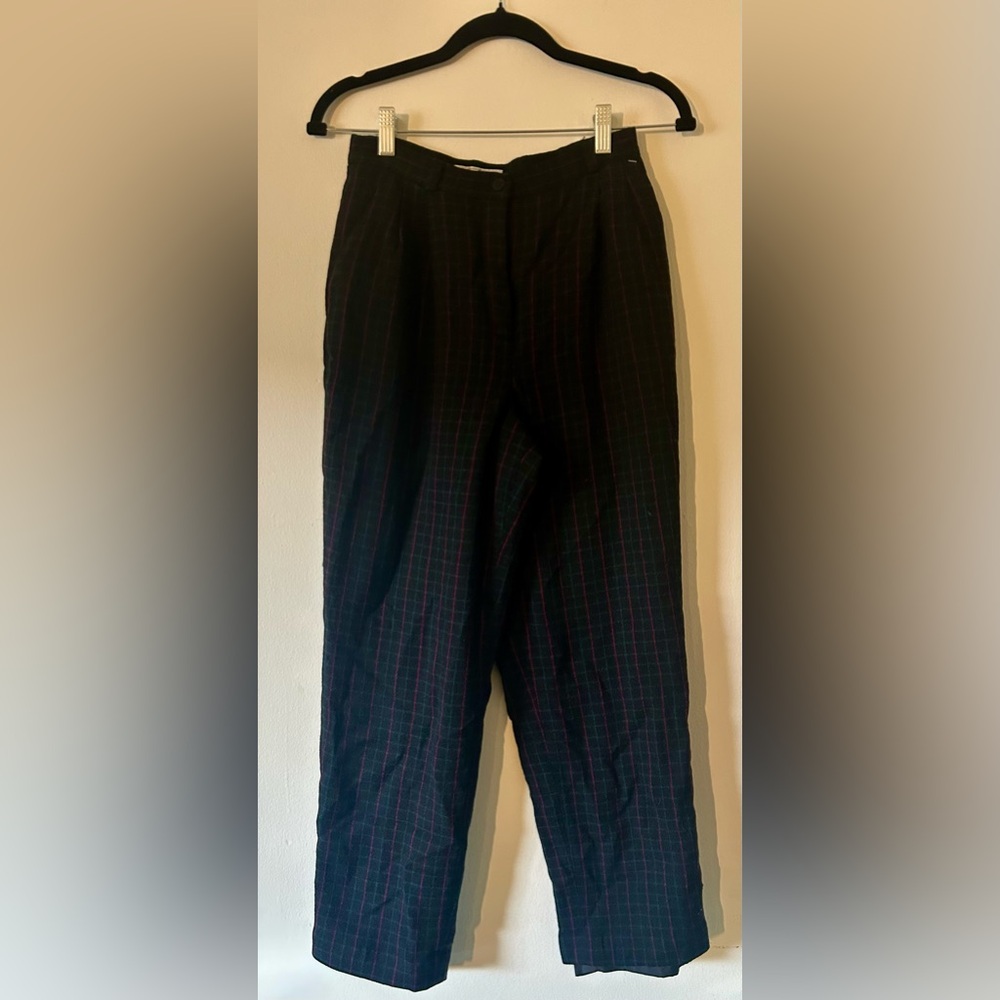 Jennifer Moore Women’s Wool Black, Pink, Green Plaid Pants